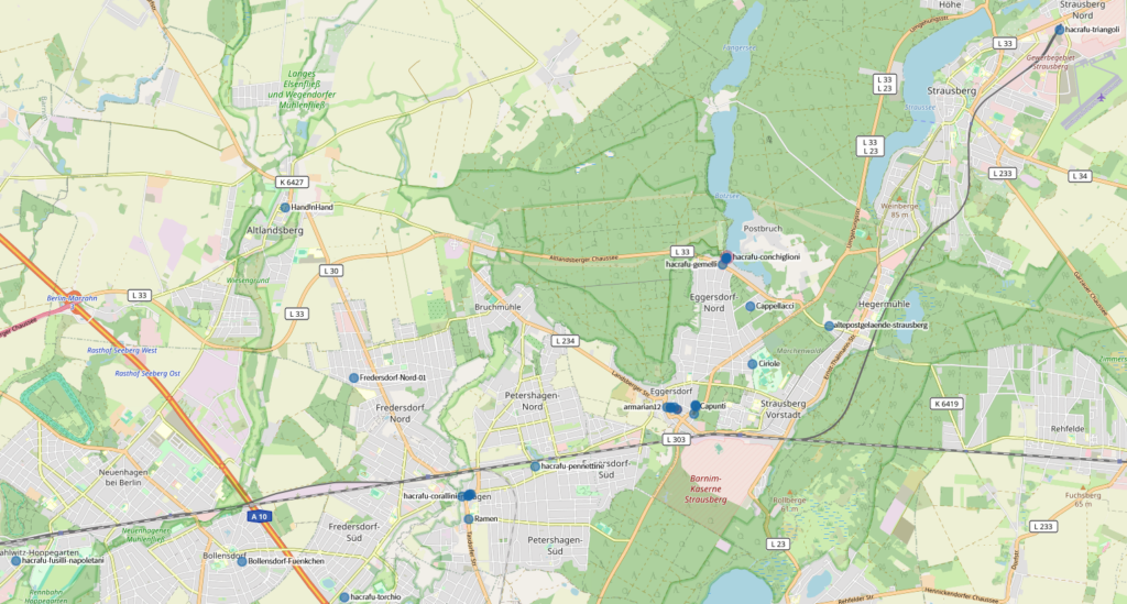 Freifunk in Petershagen/Eggersdorf und Umgebung. Jeder blaue Punkt ist ein Freifunk-Zugang