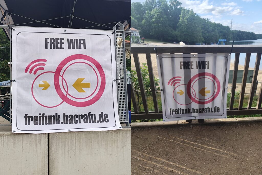 Freifunk-Plakate, die auf das kostenlose Wlan Angebot hinweisen