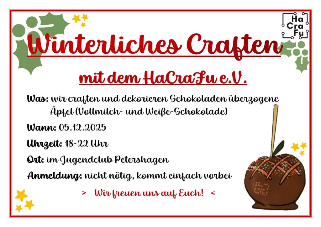 Am 05.12.2025 von 18 bis 22 Uhr craften und dekorieren wir im Jugendclub Petershagen Schokoäpfel.