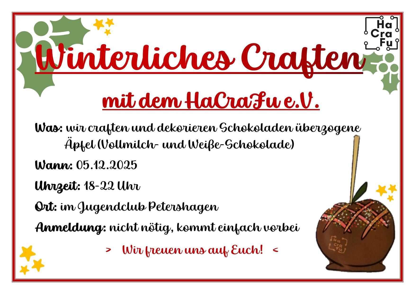 Am 05.12.2025 von 18 bis 22 Uhr craften und dekorieren wir im Jugendclub Petershagen Schokoäpfel.